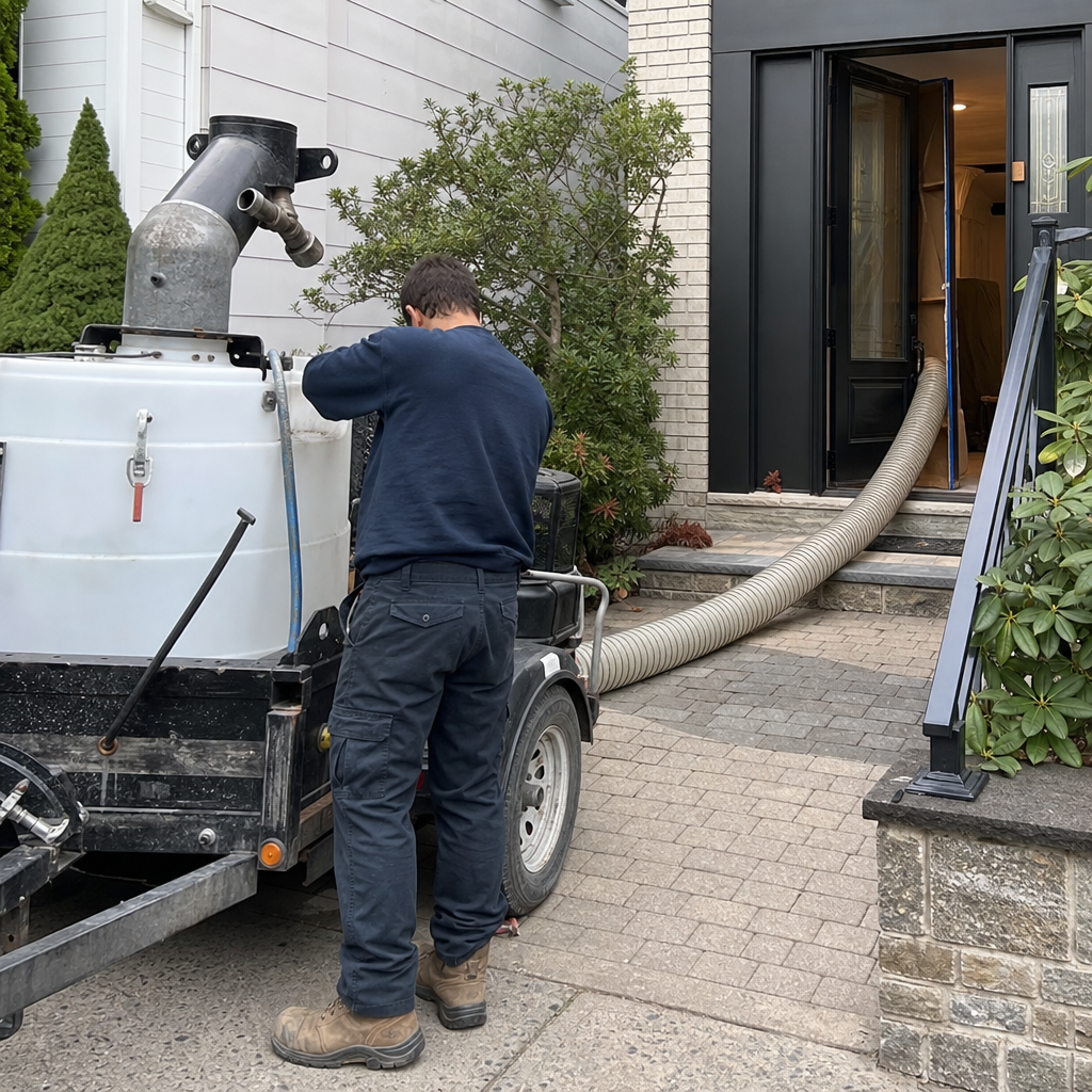 Technician performing professional residential air duct cleaning service with vacuum equipment