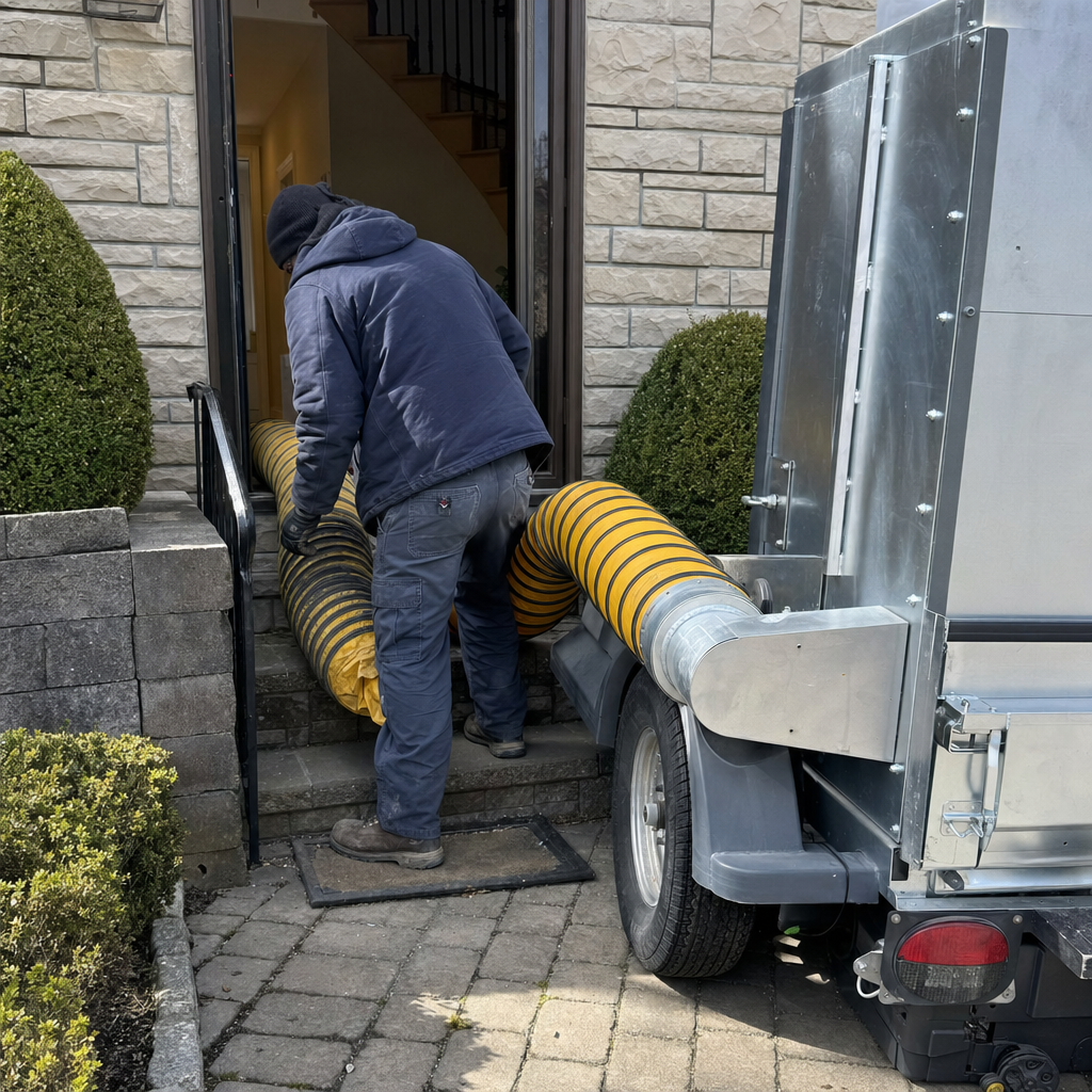 Technician using professional equipment for residential air duct cleaning service.