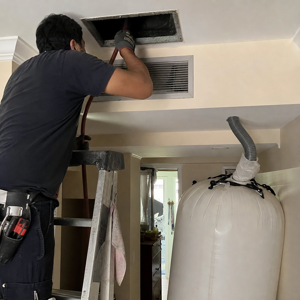 Professional air duct cleaning technician cleaning residential ceiling vents