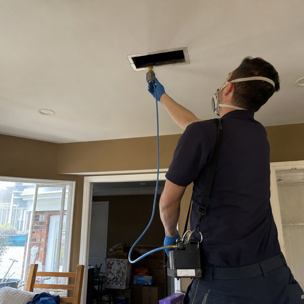 Technician performing professional air duct cleaning and sanitizing service in Hackensack, NJ