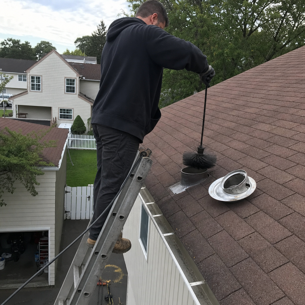 Technician performing professional dryer vent cleaning on a residential roof. in Hell's Kitchen, NY