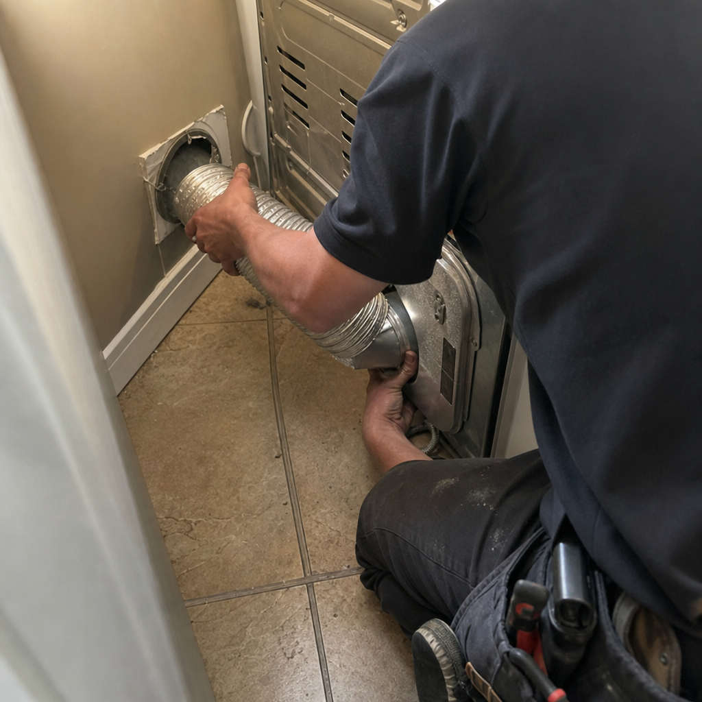 Technician connecting flexible dryer vent hose to wall exhaust duct in Hell's Kitchen, NY