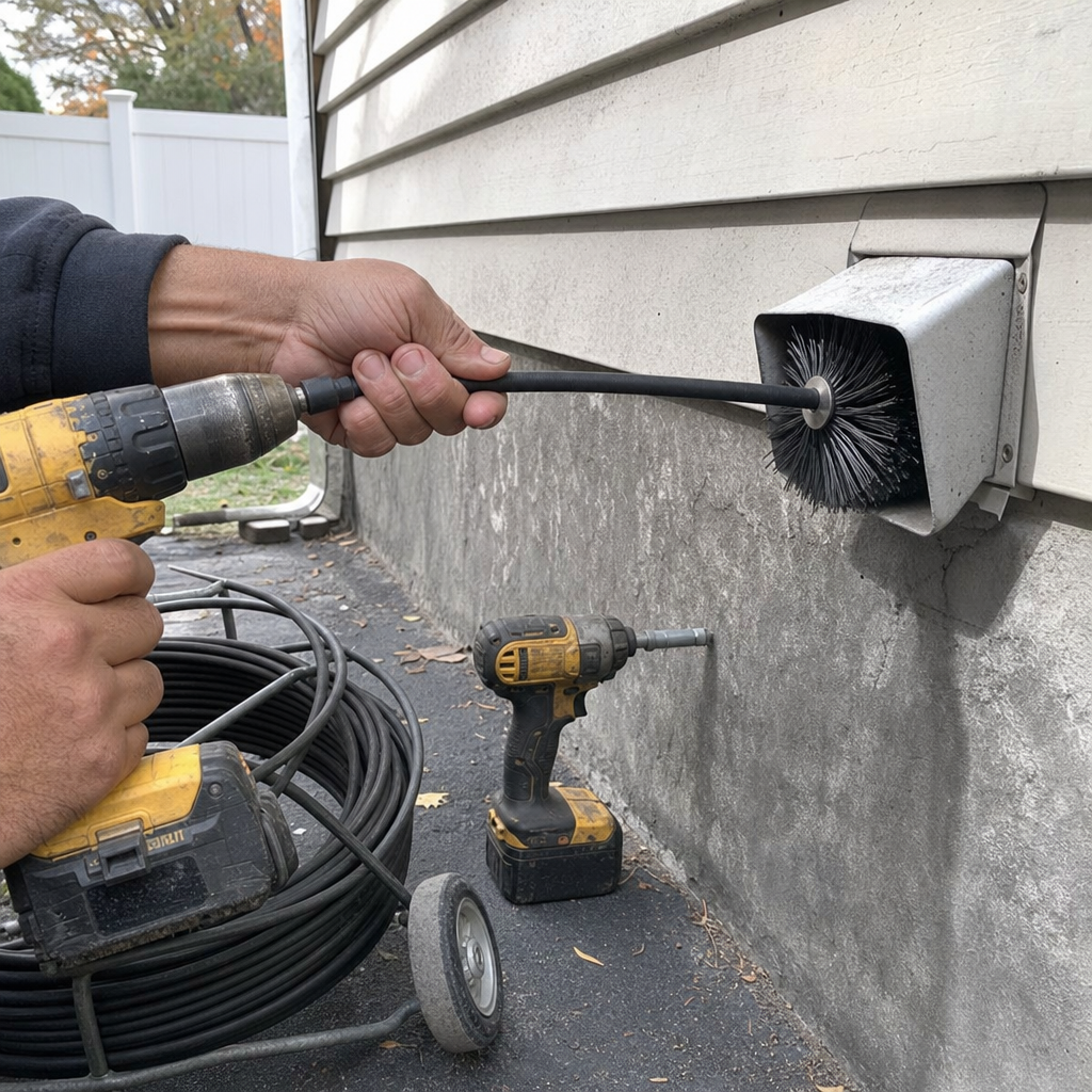 professional dryer vent cleaning with a motorized brush and power drill