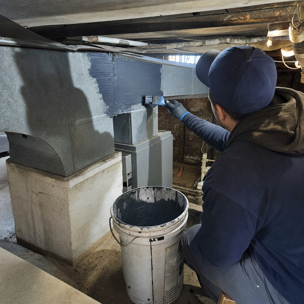 Technician applying mastic sealant to metal HVAC air ducts in Stapleton, NY