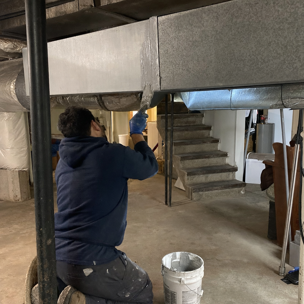Technician performing professional HVAC duct sealing and repair service in Stapleton, NY