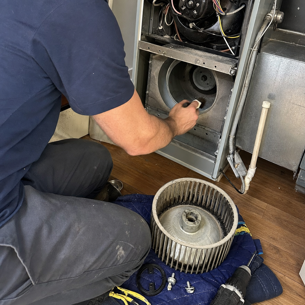 HVAC technician cleaning furnace blower assembly during routine air duct maintenance in Hell's Kitchen, NY
