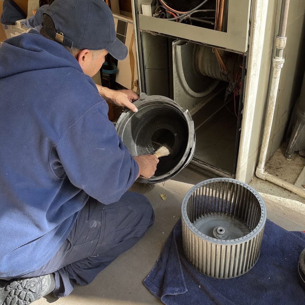 HVAC technician cleaning furnace blower fan assembly in Hell's Kitchen, NY