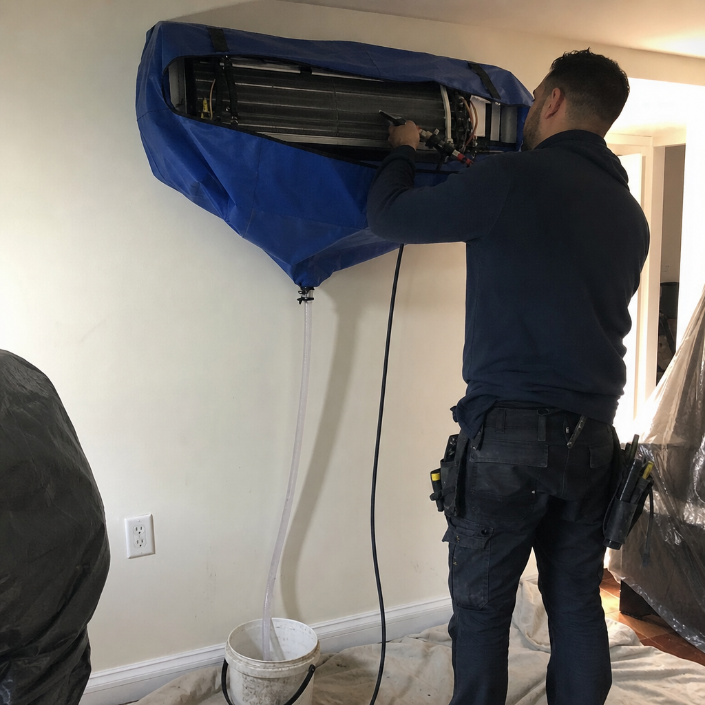 Technician performing professional deep cleaning service on indoor wall-mounted HVAC unit